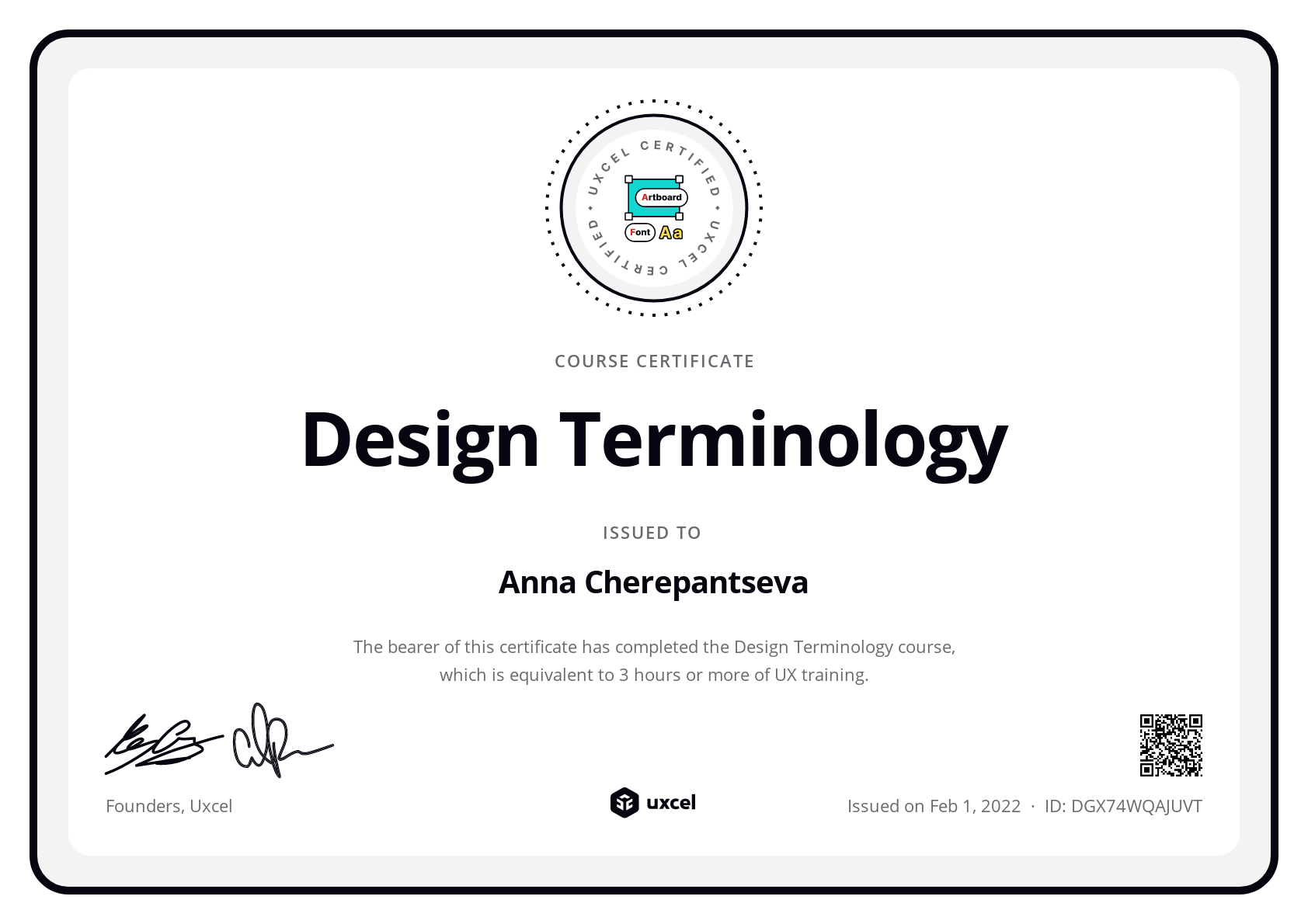 Anna Cherepantseva's certificate